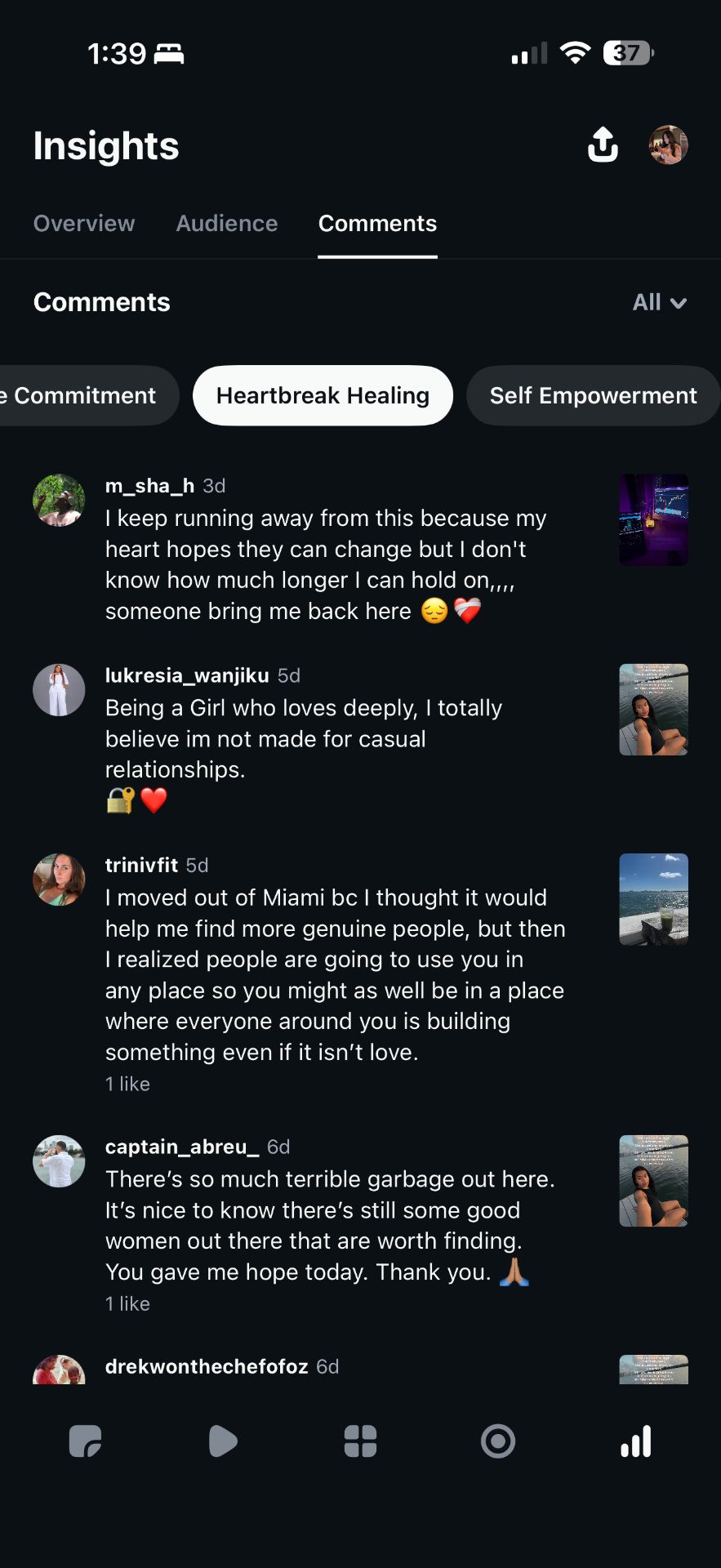 Instagram comments from women responding to Alicia's content