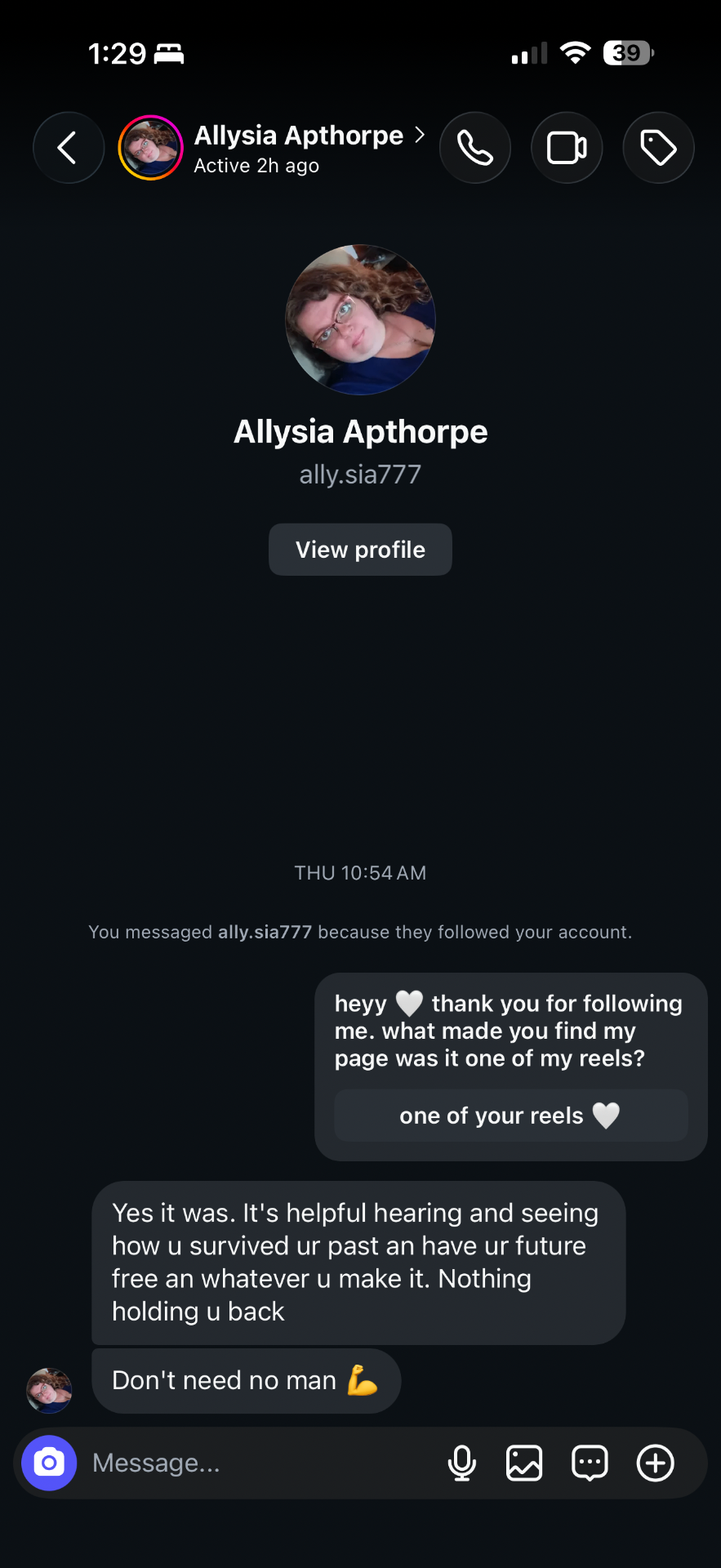 Instagram message from a woman in Alicia's community