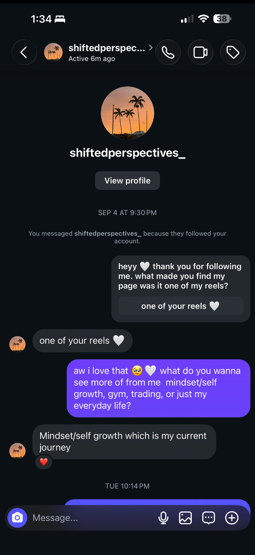 Instagram message from a woman sharing her mindset and self-growth journey