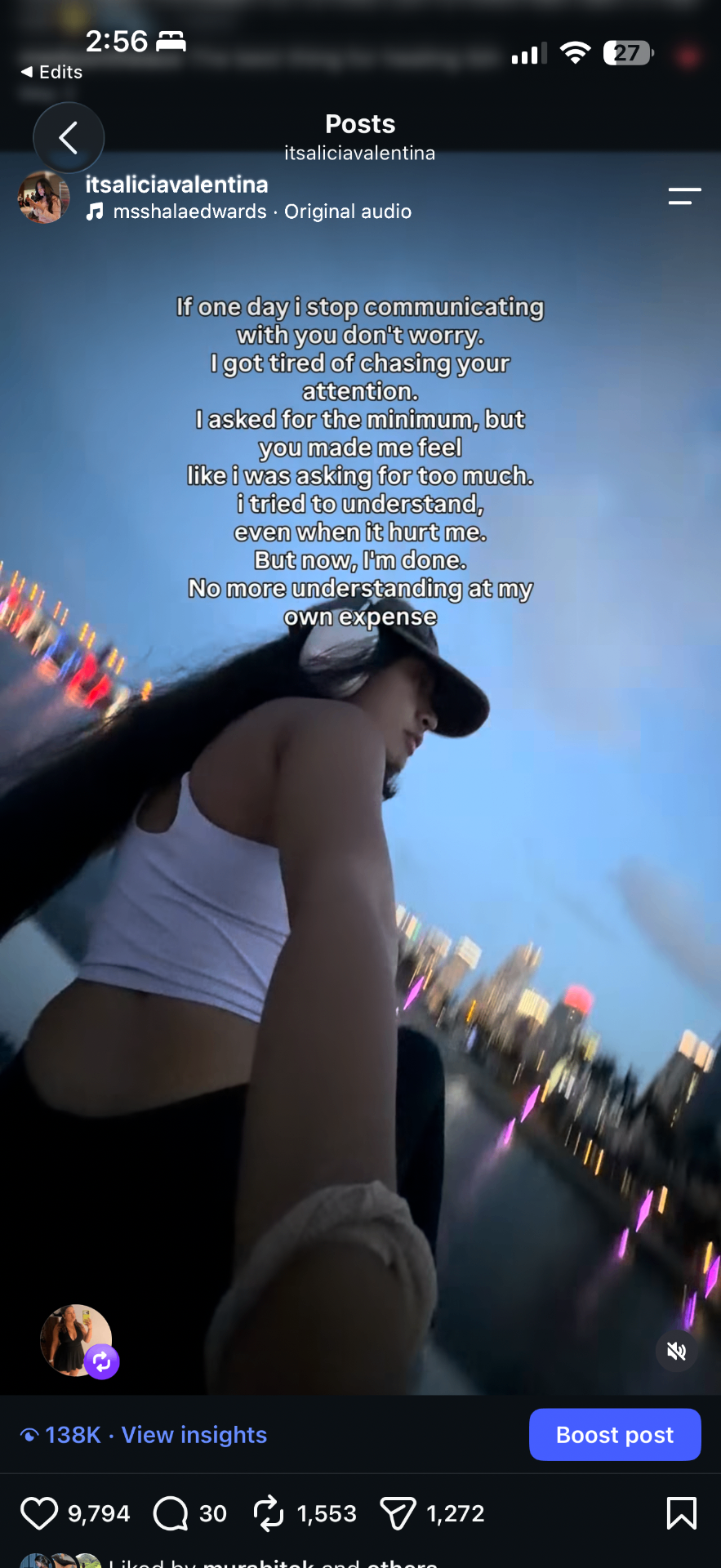 Alicia's Instagram Reel about communication and boundaries, showing 138 thousand views