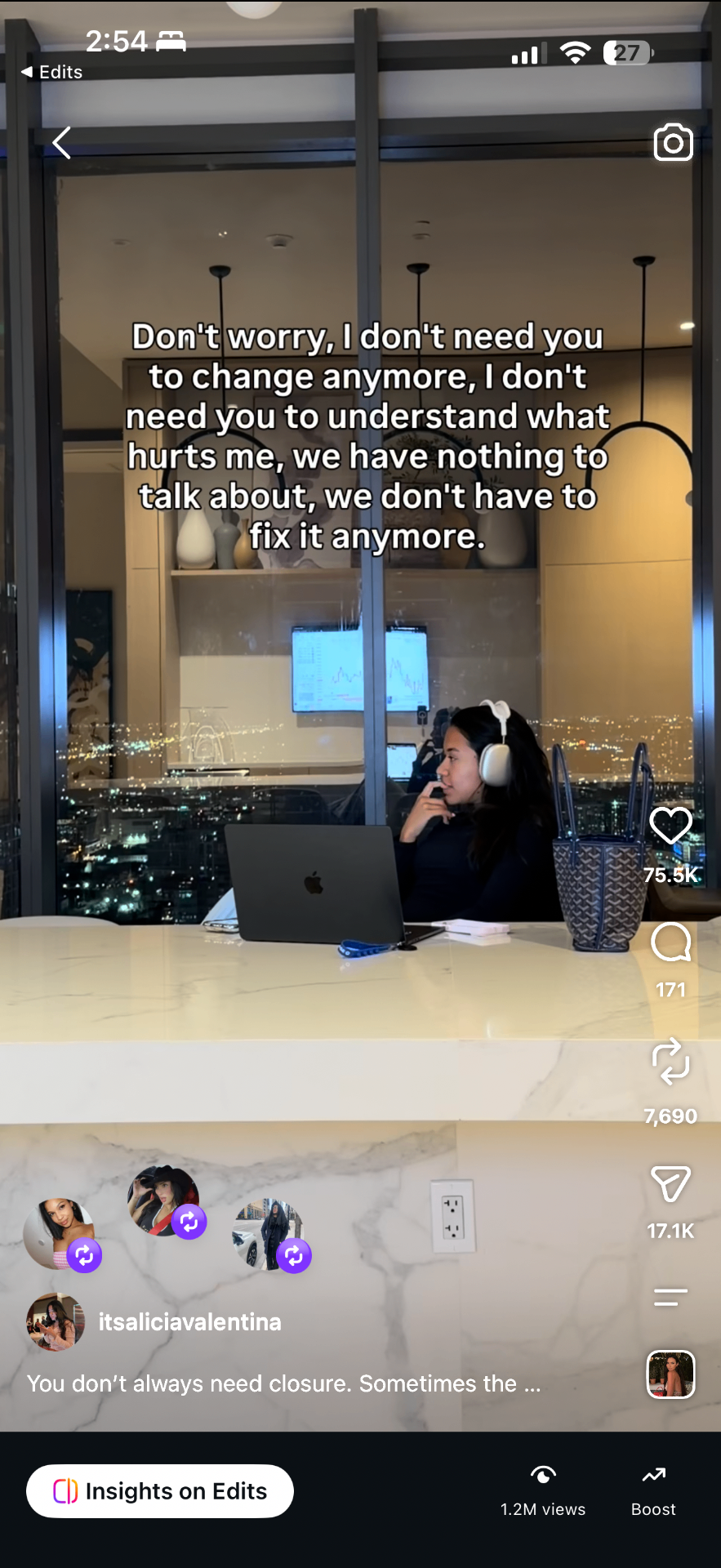 Alicia's Instagram Reel about no longer needing someone to change, showing 1.2 million views