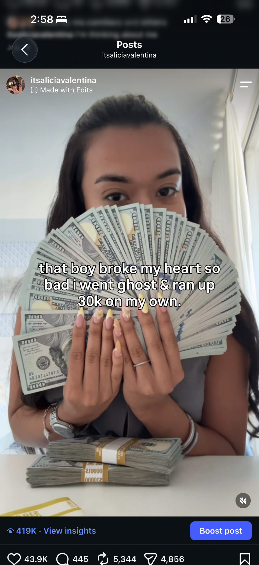 Alicia's Instagram Reel about turning heartbreak into independence, showing 419 thousand views
