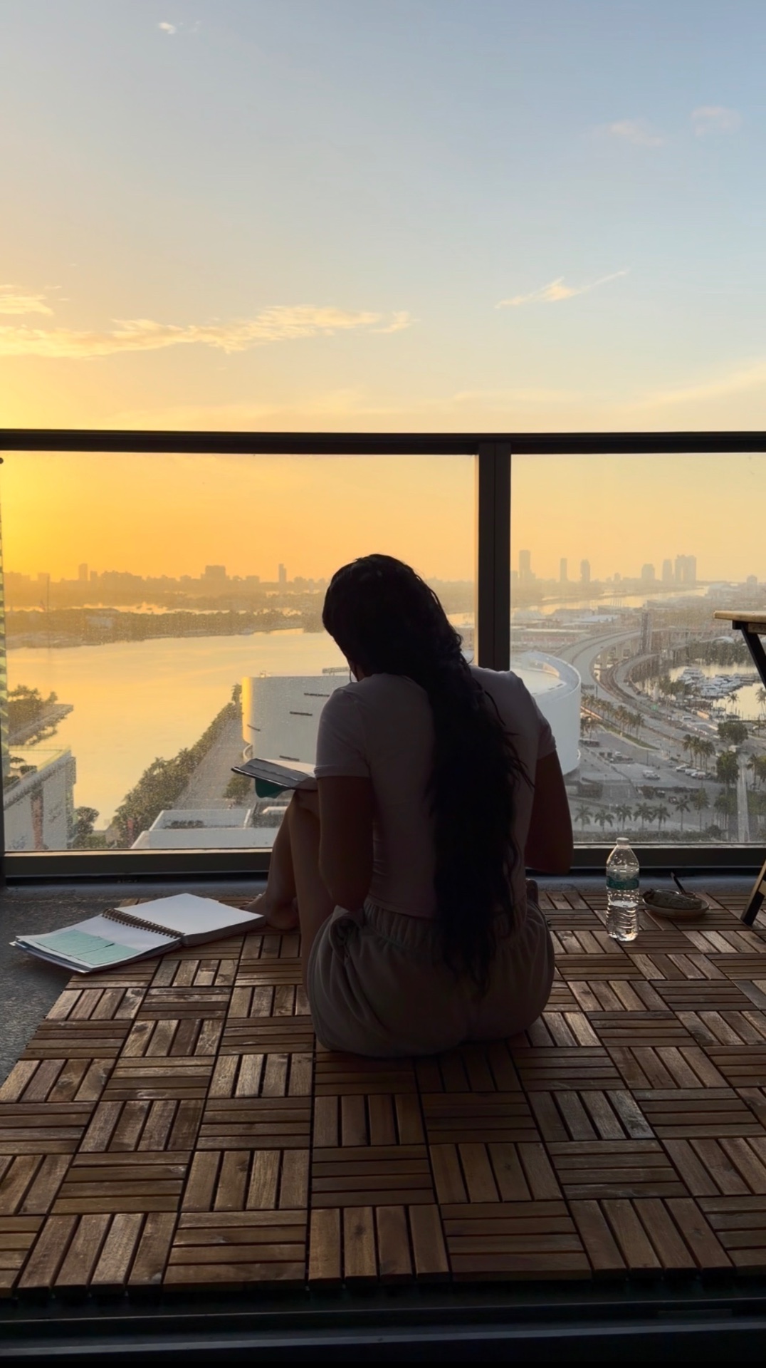 Alicia sitting with her notebook in front of a sunset city view