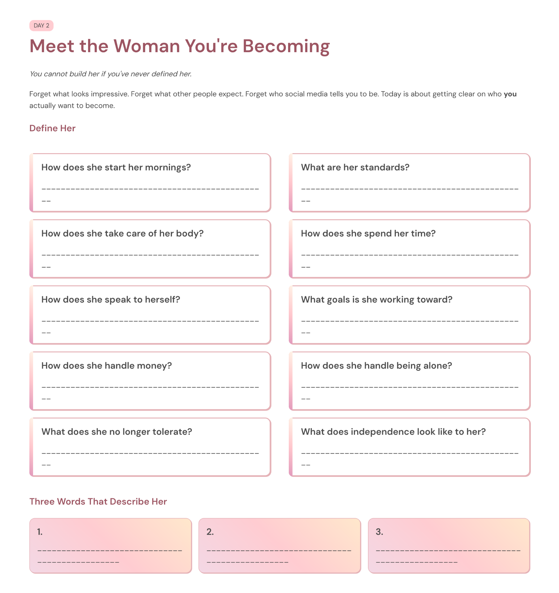 Day 2: Meet the Woman You're Becoming workbook page