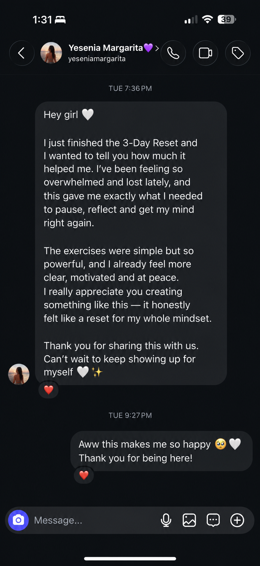 Instagram message from a woman who completed the 3-Day Reset