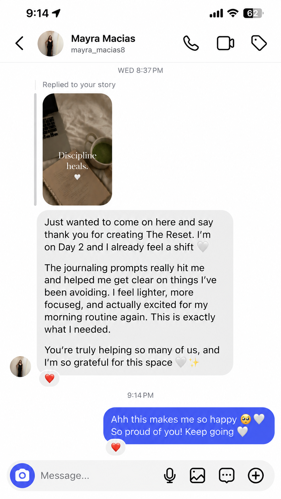 Instagram message from a woman on day two of the 3-Day Reset